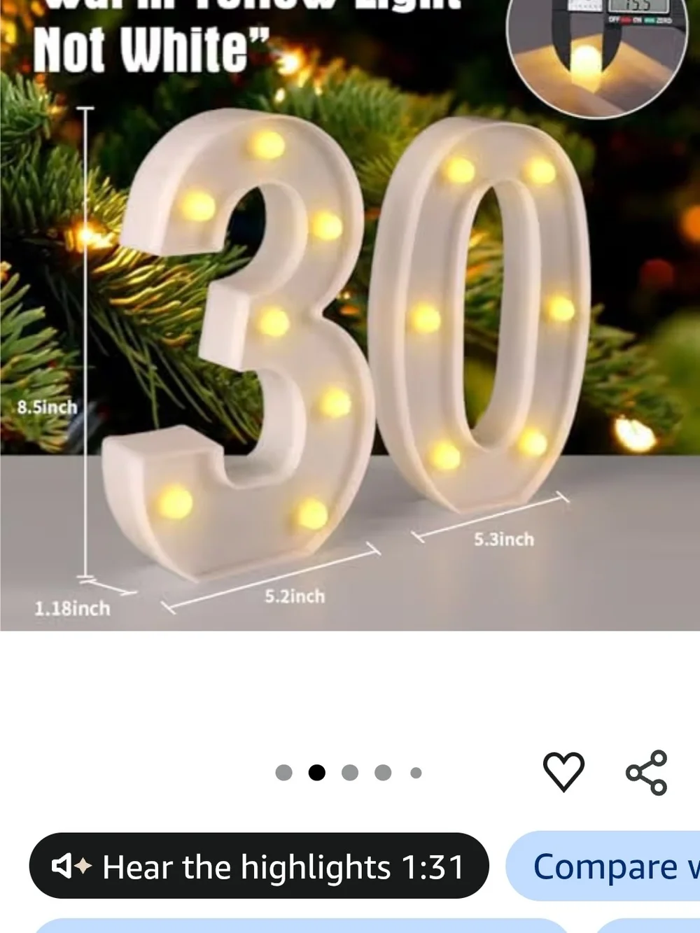 LED Marquee Number '30' Light - White Warm Yellow Bulbs